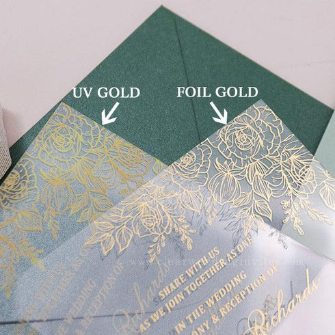 Gold Foil Roses and Leaf Pocket Acrylic Wedding Invitations CWIFI13